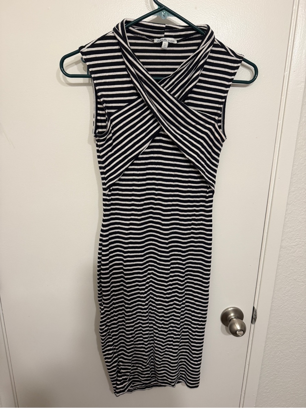 Y2K Sleeveless Black & White Striped Wrap-Front Bodycon Dress Charlotte Russe